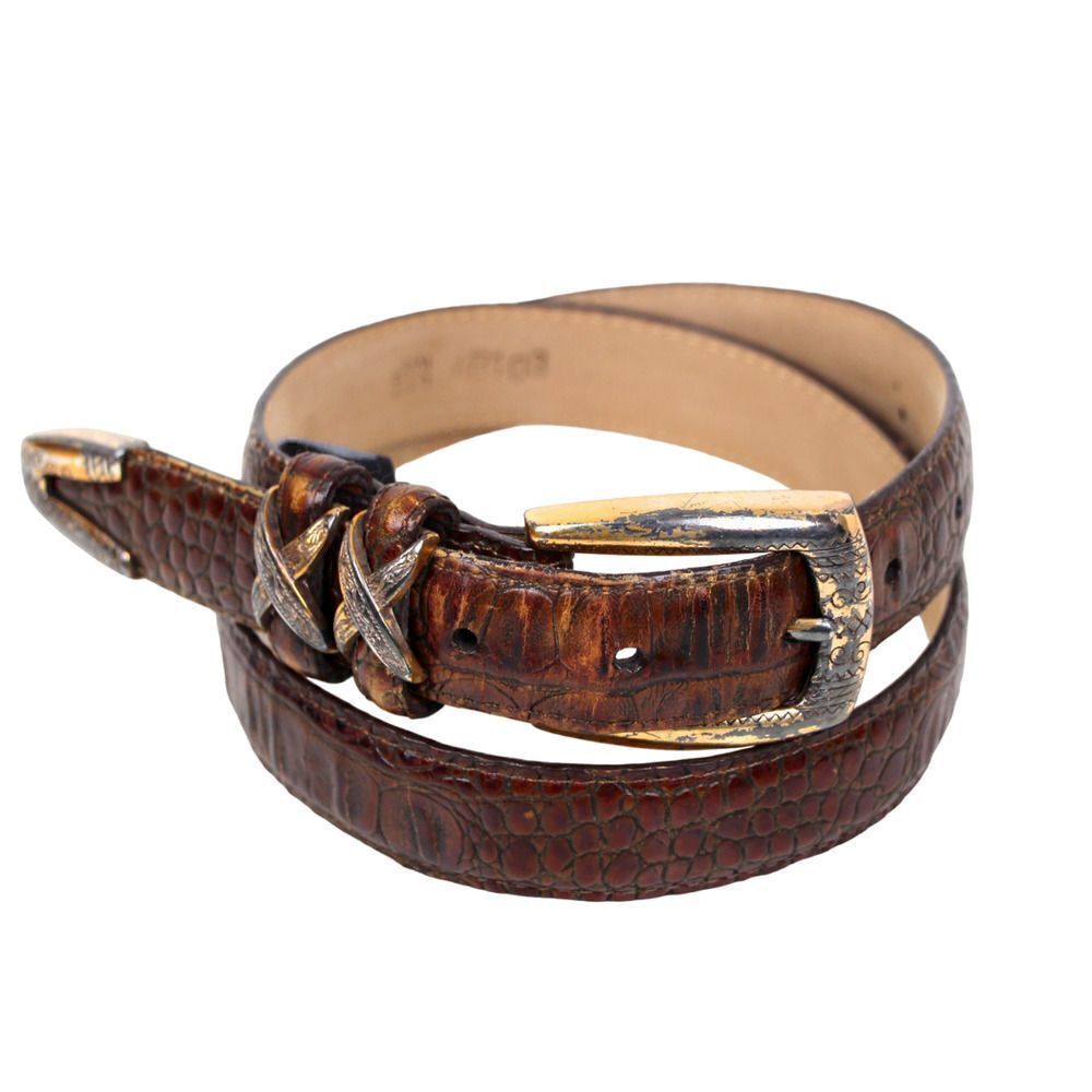 VTG Brighton CROCO EMBOSSED BROWN GENUINE LEATHER 1"Wd WOMEN'S BELT Sz 32/M (G66